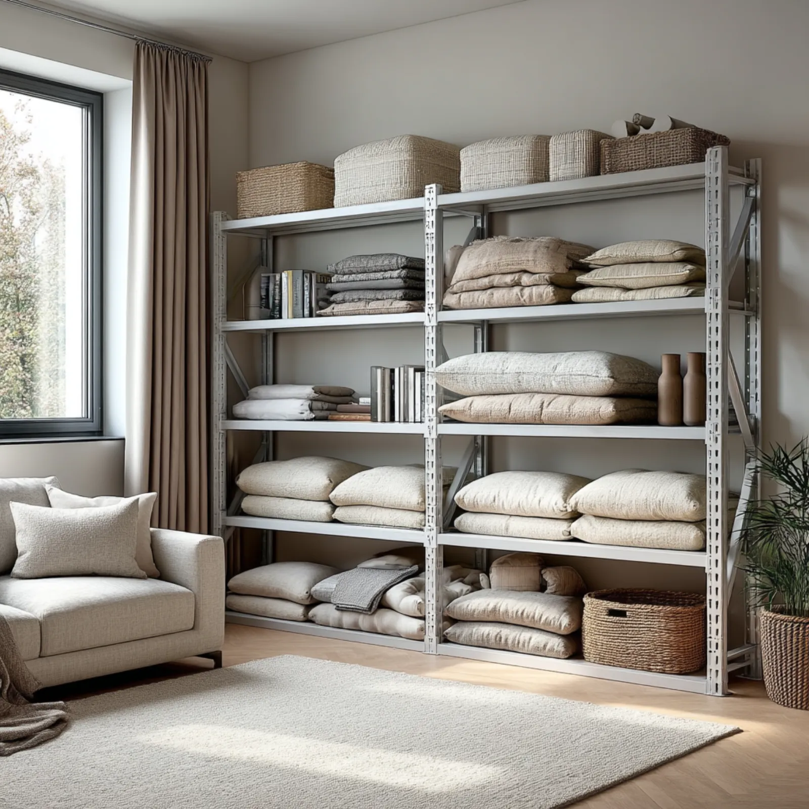 Modern living room with Arlington white steel shelving in natural sunlight
