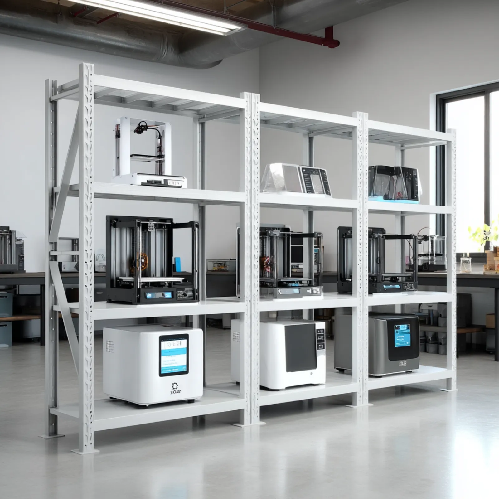 Laboratory with 3D printers and organized shelving